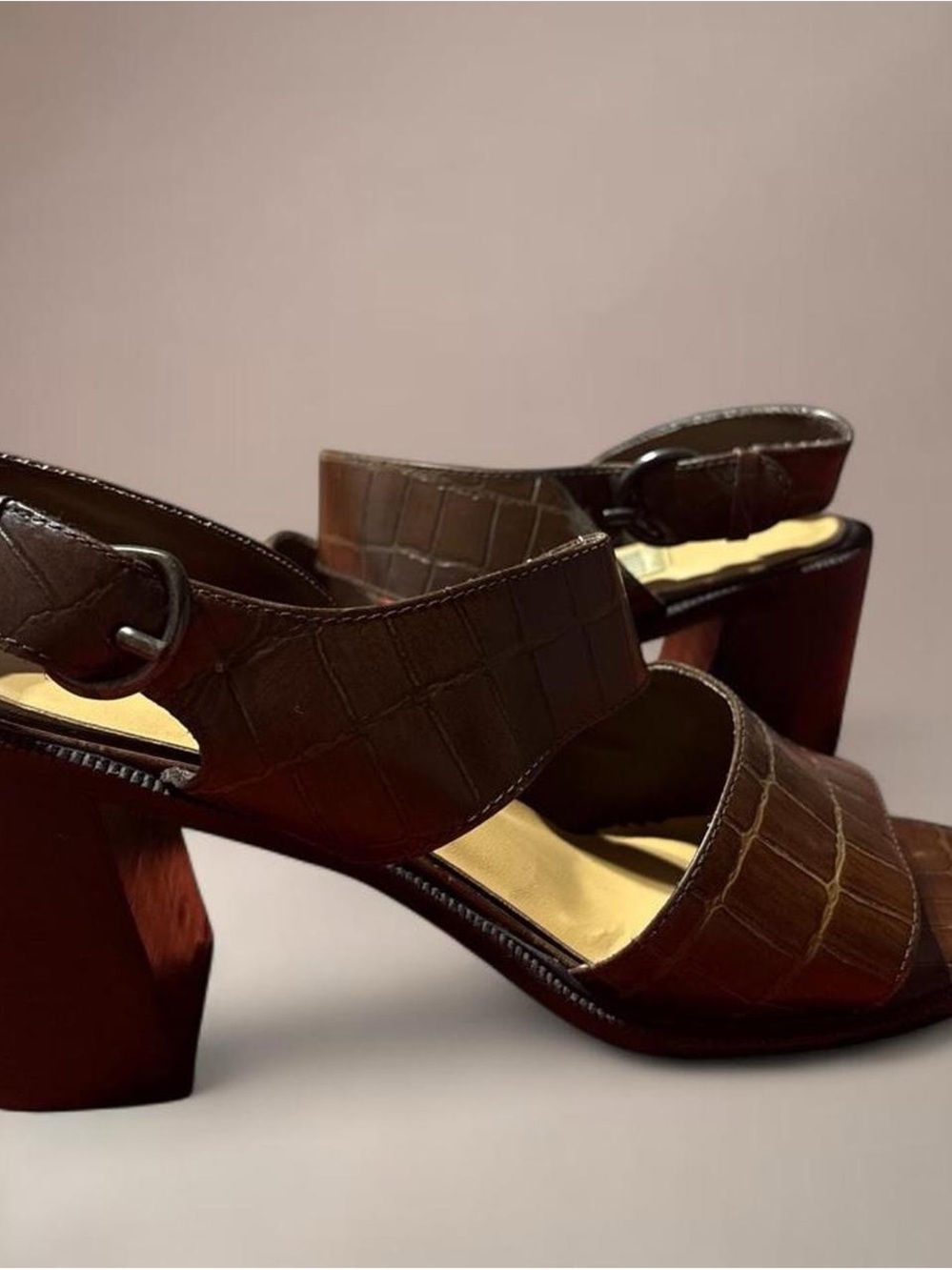 Croc-Embossed Brown Block Heel Slingback Sandals